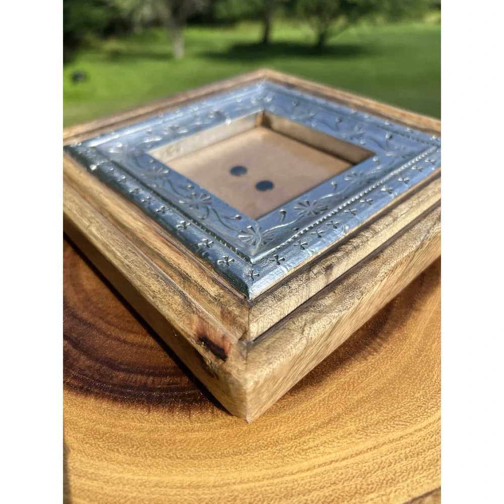 Leo Arts India 8x8 Mango Wood 4x4 Picture Frame Silver Embossed Rustic Boho